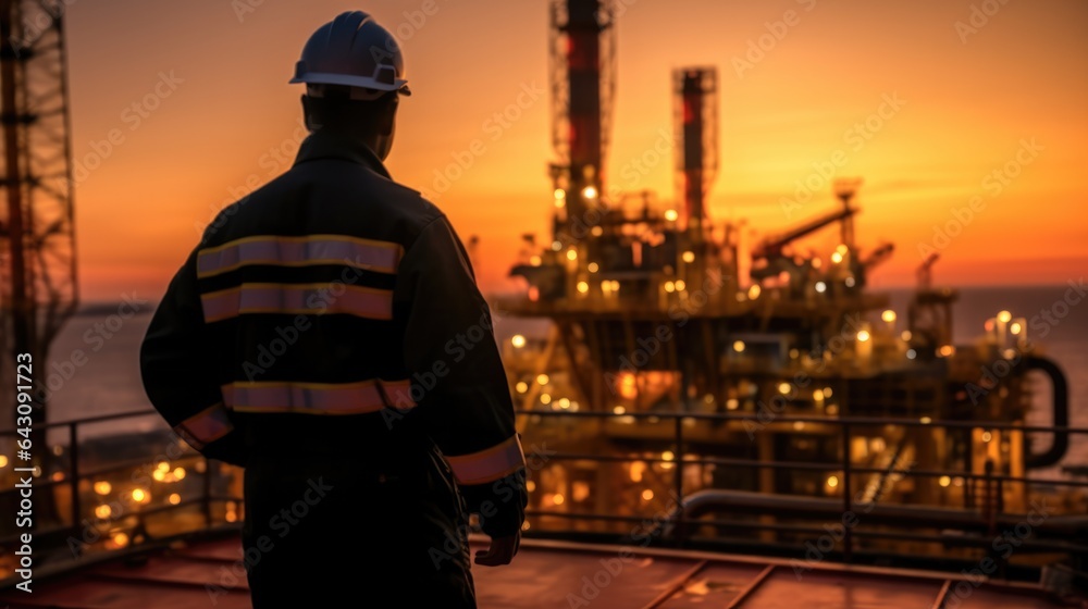 Fototapete Professional Engineer inspector in helmet working and analyzing data on mobile device on oil and gas.