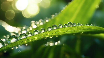 Naklejka premium Water drops sparkle in sun on leaf in sunlight, macro. Big droplet of morning dew outdoor, beautiful round bokeh. Amazing artistic image of purity of nature