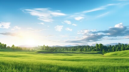 Fototapeta na wymiar Panoramic natural landscape of a Beautiful Green Field with grass against a blue sky with sun. Spring summer background.