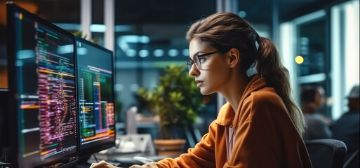 Female Software Engineer Writes Code on Desktop Computer In Modern Office, Working On Artificial Intelligence Service For Tech Company.