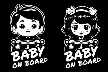 Baby on board. Stylized vector image of a boy and a girl. car warning sticker