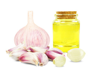 garlic essential oil in a bottle isolated on a white backgroundfresh