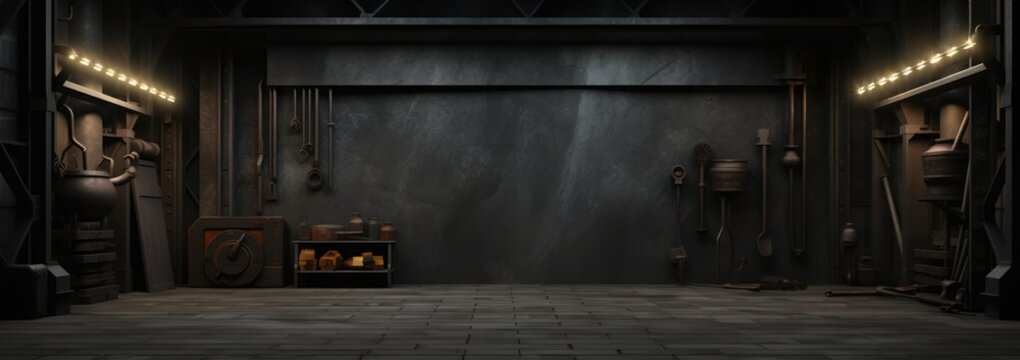 Hammer on anvil at dark blacksmith workshop with fire in stove at background.