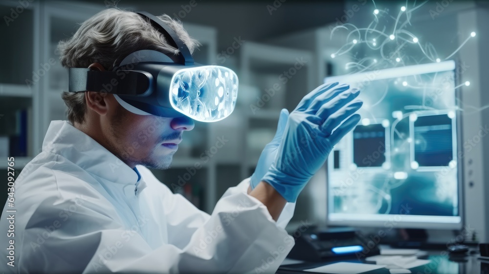 Fototapete futuristic researcher using the augmented reality vr glasses with hologram graphics for viewing resu