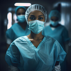 Fototapeta na wymiar African American woman surgeon wearing blue surgery scrubs. A concept of the medical industry. Generative ai. 