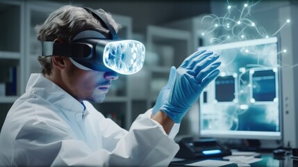 Futuristic researcher using the augmented reality VR glasses with hologram graphics for viewing results of research in laboratory, Interacting with virtual reality.