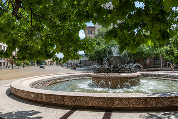 Sofia, Bulgaria, August 19, 2023: Fountain near The National Archaeological Museum