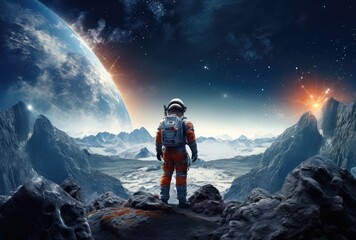 Back view of astronaut wearing space suit walking on a surface of a red planet