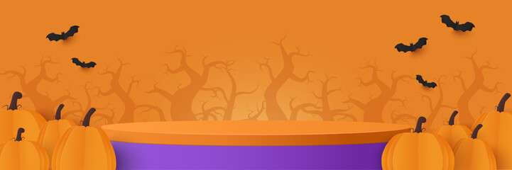 Halloween background. Podium platform to show product with pumpkins on orange background. Podium for product display presentation for you. Halloween banner