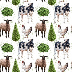 Seamless pattern of their farm sheep and cows. Simple rural life on pasture, farm animals, nature and plants. Provincial style. Domestic herd on the ranch. Digital illustration, background