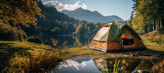 Fotobehang tent on the lake with mountains in the background Generative AI © Denis S