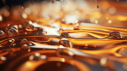 Oil drops close-up, Serum droplet with air bubbles, Skincare gold drops. - obrazy, fototapety, plakaty