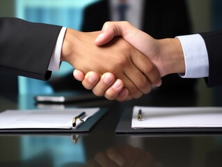 Obraz premium Two Businesspeople shaking hands with document background. businessmen are agreeing on business together and shaking hands after a successful negotiation. AI Generative.