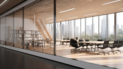 Modern office room, Office hall corner with meeting room.