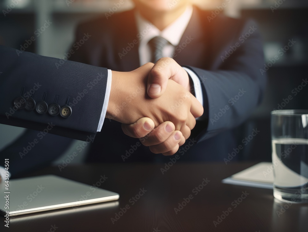 Wall mural two businesspeople shaking hands with document background. businessmen are agreeing on business toge