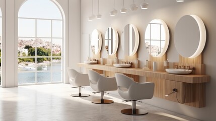 Luxury hairdressing and beauty salon with chairs and Mirrors. - obrazy, fototapety, plakaty