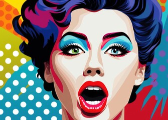 pop art woman with squinted eyes and open mouth. Invitation to a party. Face close-up.