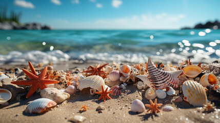 Fototapeta na wymiar Sea sand beach mockup with seashells, starfish at seaside with sea waves background, Tropical summer vacation beach background, Travel holiday background.