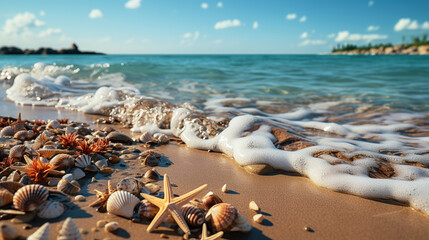 Fototapeta na wymiar Sea sand beach mockup with seashells, starfish at seaside with sea waves background, Tropical summer vacation beach background, Travel holiday background.