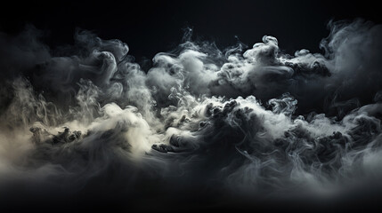 Smoke clouds, steam mist fog and white foggy vapor. 3D realistic smoke from dust particles isolated on black background.