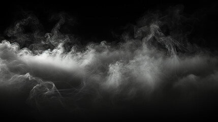 Smoke clouds, steam mist fog and white foggy vapor. 3D realistic smoke from dust particles isolated on black background. - obrazy, fototapety, plakaty