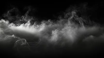 Poster Smoke clouds, steam mist fog and white foggy vapor. 3D realistic smoke from dust particles isolated on black background. © Santy Hong