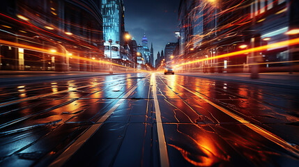 Fototapeta na wymiar Speed car lights in motion. Night city road lights. Luminous car trails in dynamic long exposure.