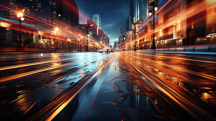 Fototapeta na wymiar Speed car lights in motion. Night city road lights. Luminous car trails in dynamic long exposure.