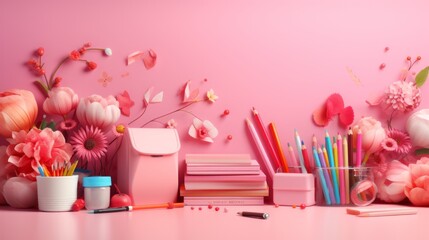Modern cute digital banner: back to school with school subjects: pencil, school bag, rules, pink color in Barbie style.