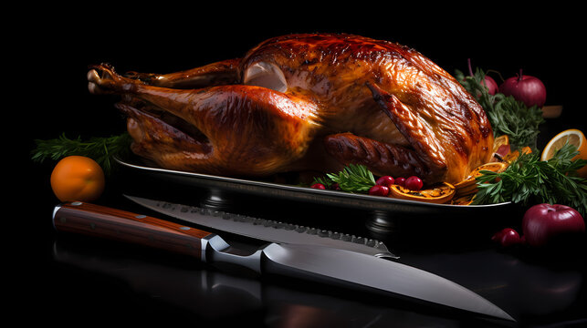 grilled turkey on baking tray with knife and vegetables