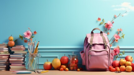 Modern digital banner: back to school with school subjects: pencil, school bag, rules, in cute style, blue color on blue background. - obrazy, fototapety, plakaty