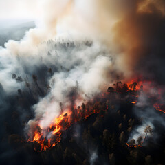 Fototapeta na wymiar Aerial view of a forest fire spreading. A concept of natural disasters, climate change, and global warming prevention. 