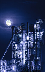 luna llena con industria en primer plano, en tonos azules, estilo industrial