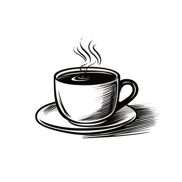 A black and white hand drawn illustration of a hot coffee in a mug. Isolated in white background. 