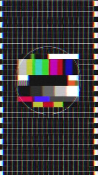 Vintage television style graphical test screen with distortion and vhs noise in vertical format ideal for vertical social media content