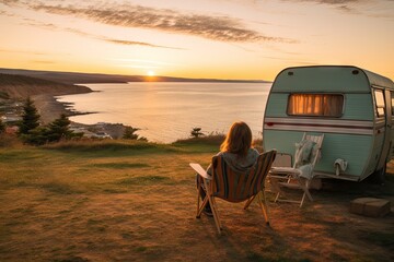 a person sitting on a chair in front of a camper van at sunset with the sun setting behind them