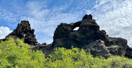 Different rock formations left in Dimmuborgir lava field in Iceland