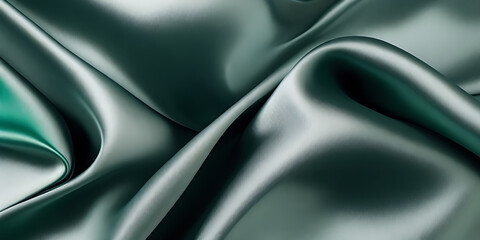 Abstract grey silver silk satin. Soft, wavy folds. Shiny fabric surface. Luxurious emerald green background with copy space for design.
