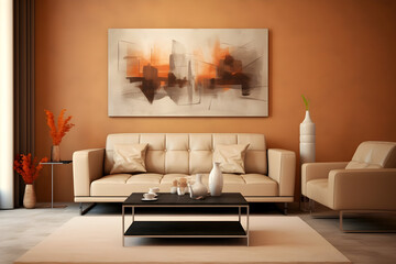 modern Living Room Warm Beige Background with Leather Sofa and Stylish Decor