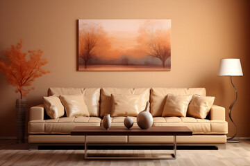 modern Living Room Warm Beige Background with Leather Sofa and Stylish Decor