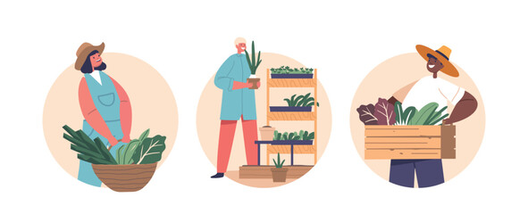 Isolated Round Icons Or Avatars With Children Cultivating Greens And Microgreens, Learning To Nurture Plants