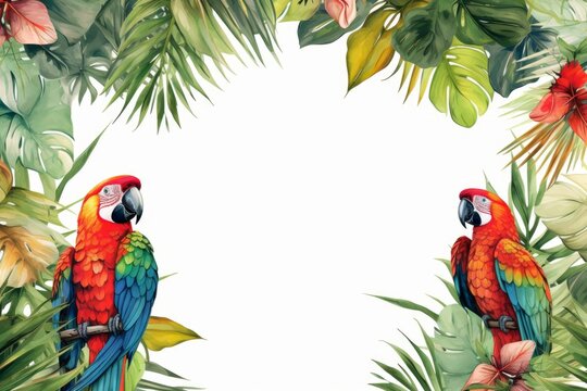 Parrots on the branches of tropical plants in the jungle on a white isolated background. Flower illustration. High quality illustration, copy space.