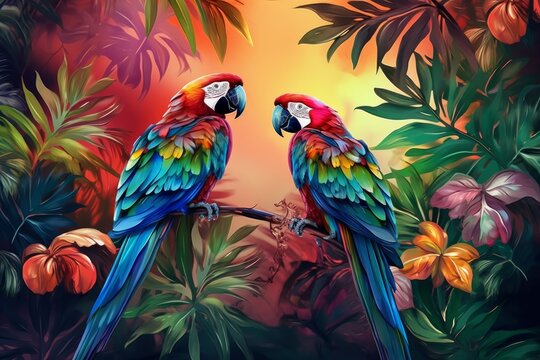 Macaw parrots on the branches of tropical plants in the jungle .