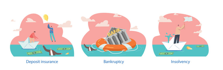 Bankruptcy, Insolvency Isolated Vector Elements. Businesspeople Characters Swim Around Sinking Bank Building