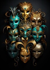 many different colored carnival masks on a dark background stock photo