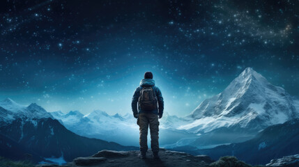 Portrait of traveler from back view with  the snow landscape