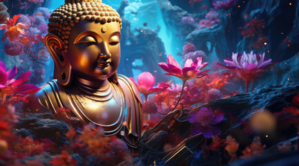 glowing buddha in mediation and lotuses flowers, generative AI