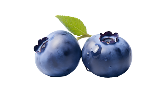 Two blueberry fruits with leaf branch isolated on a transparent background
