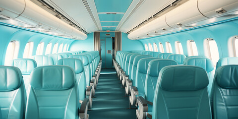 Naklejka premium Modernes Flugzeug mit super schöner Innenausstattung an Sitzen in türkis blau im Querformat für Banner, ai generativ