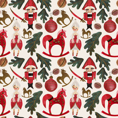 Watercolor seamless patern with nutcrackers, dolls, rocking horse and pine's branches. Christmas wrapping paper. Children's toy. A Christmas gift. Raster illustration for packaging